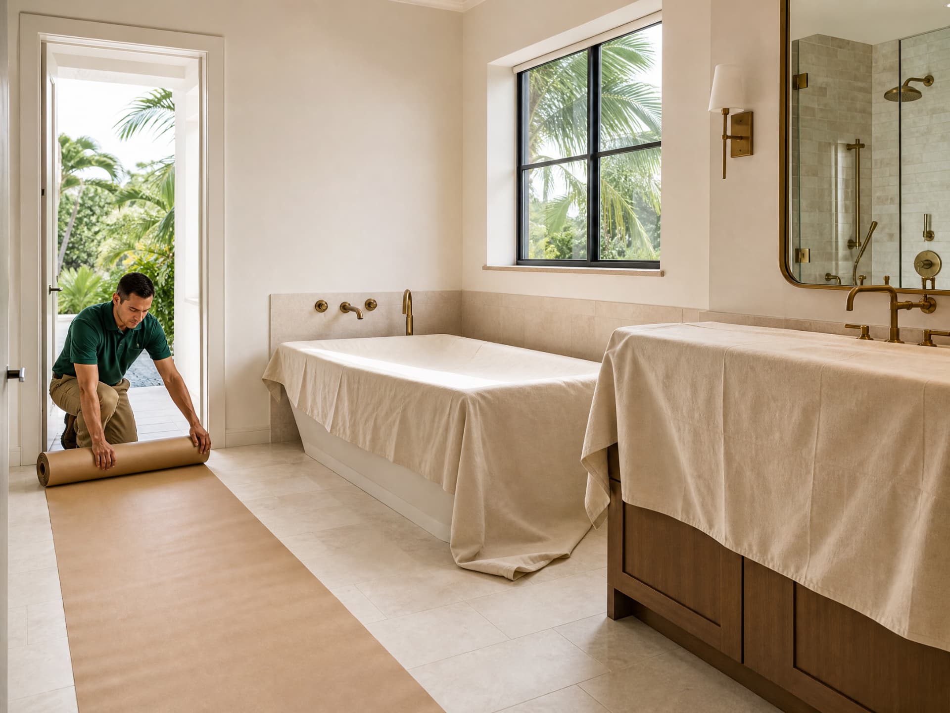 Bath Pro Tampa installer rolling protective floor covering through a bathroom with the tub and vanity draped in canvas.