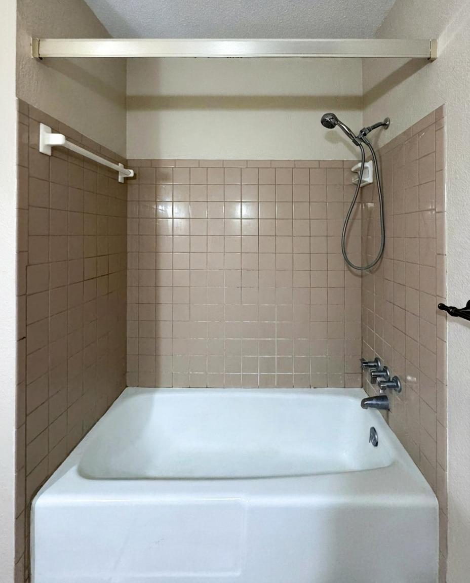 Before — Accessible shower · teak seat + grab bars