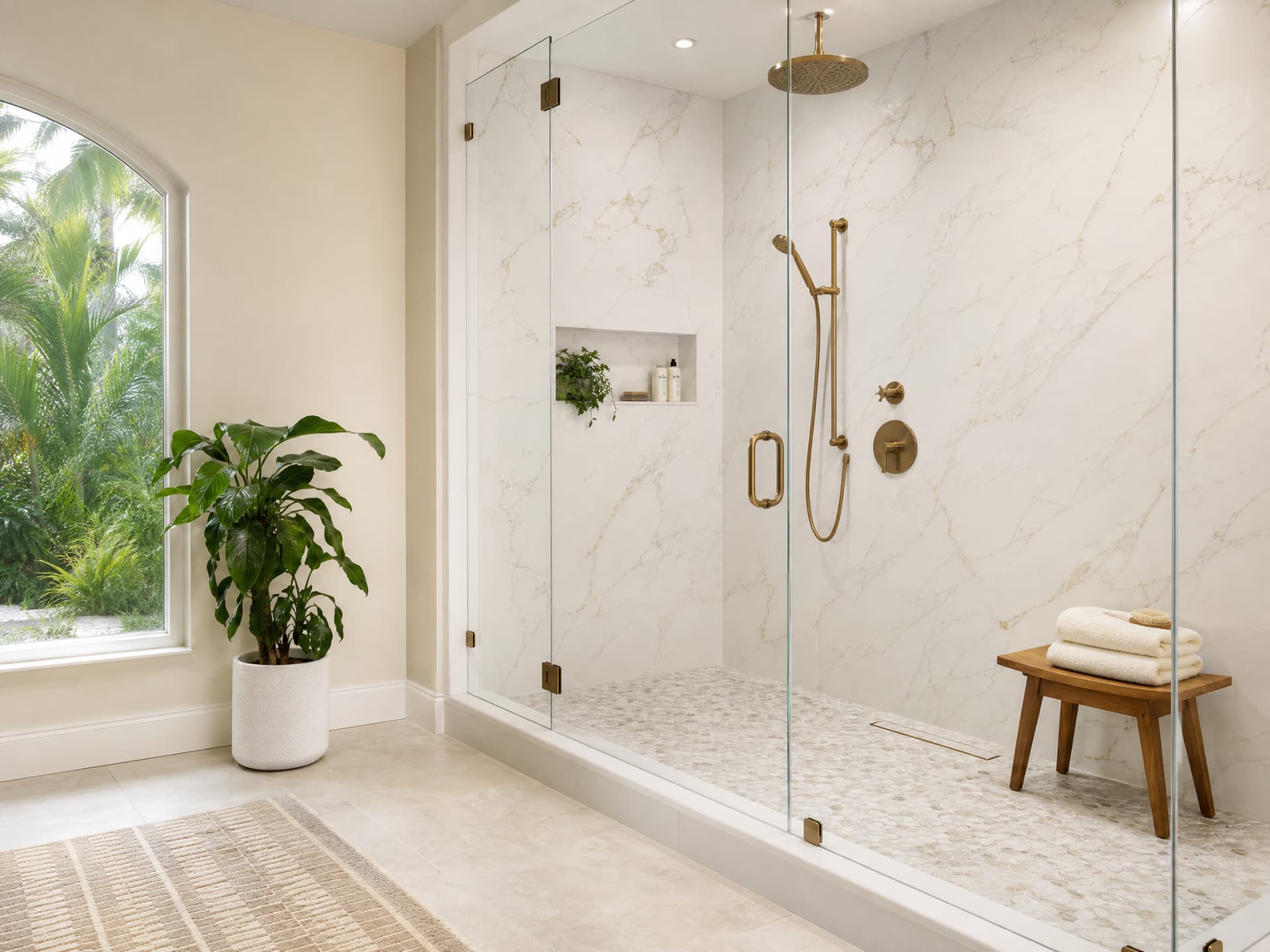 Finished walk-in shower with marble-look walls, brass fixtures, glass enclosure, and a teak seat.