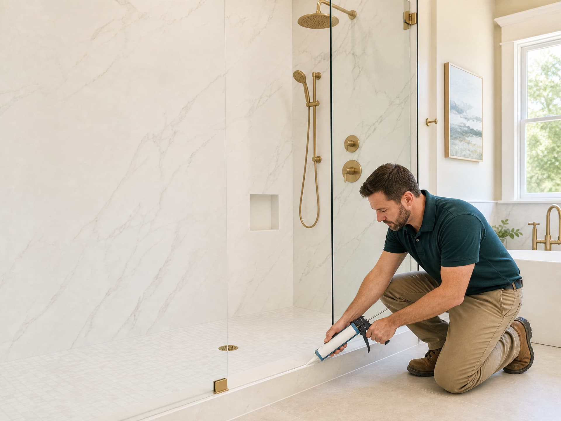 Installer applying a clean sealant bead along the base of a finished marble-look shower with glass panel.