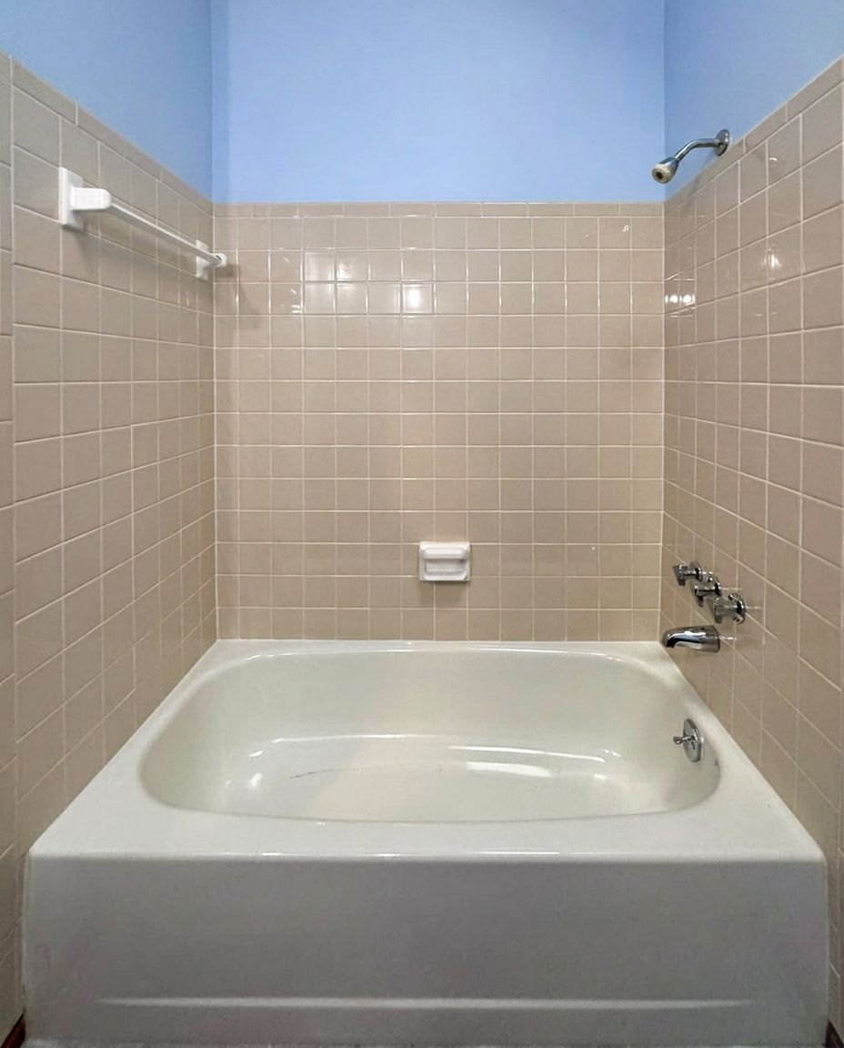 Before — Tub-to-shower · marble-look walls