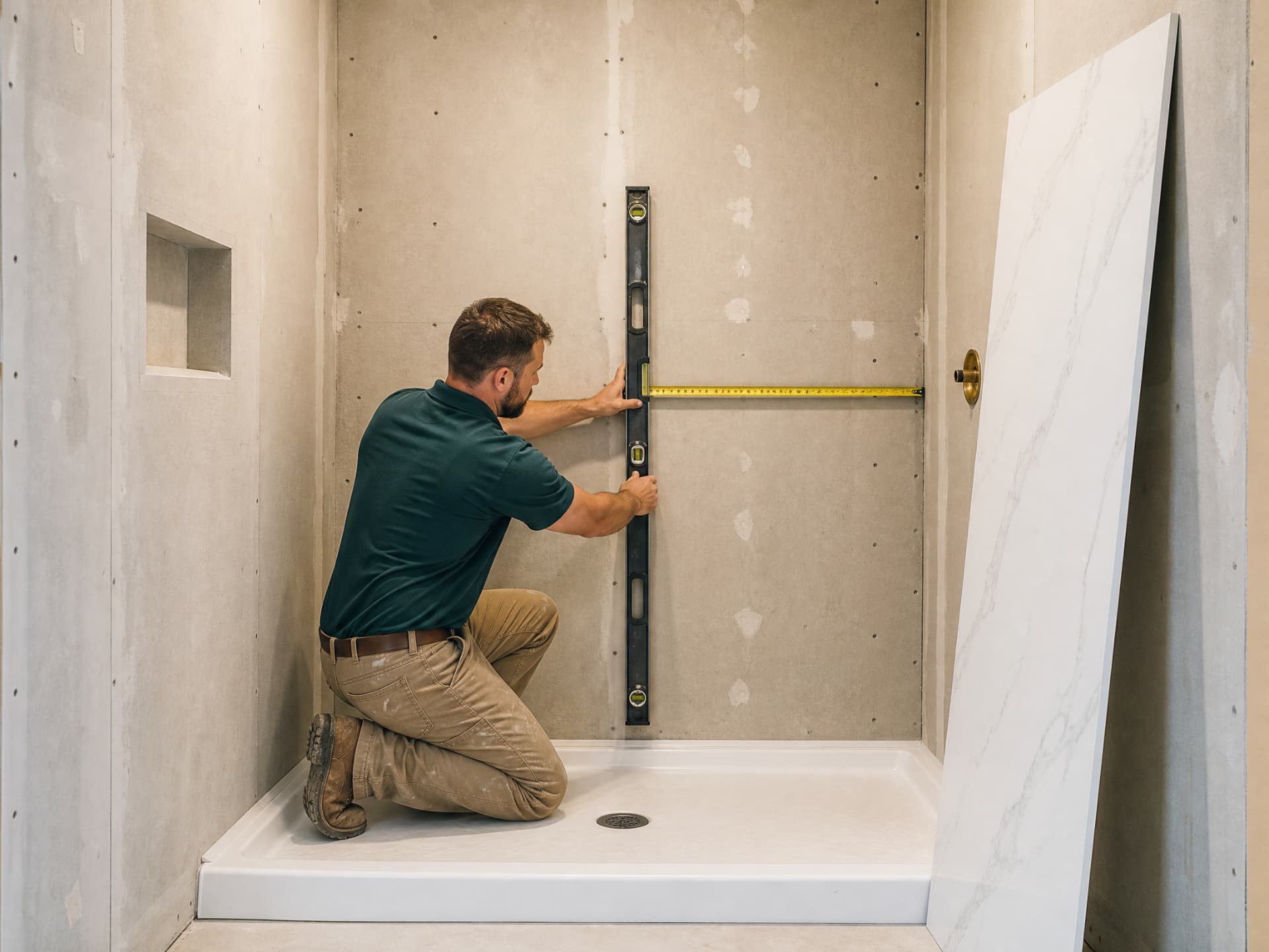 Installer checking level and measurements on a prepared shower wall with a new white shower base in place.