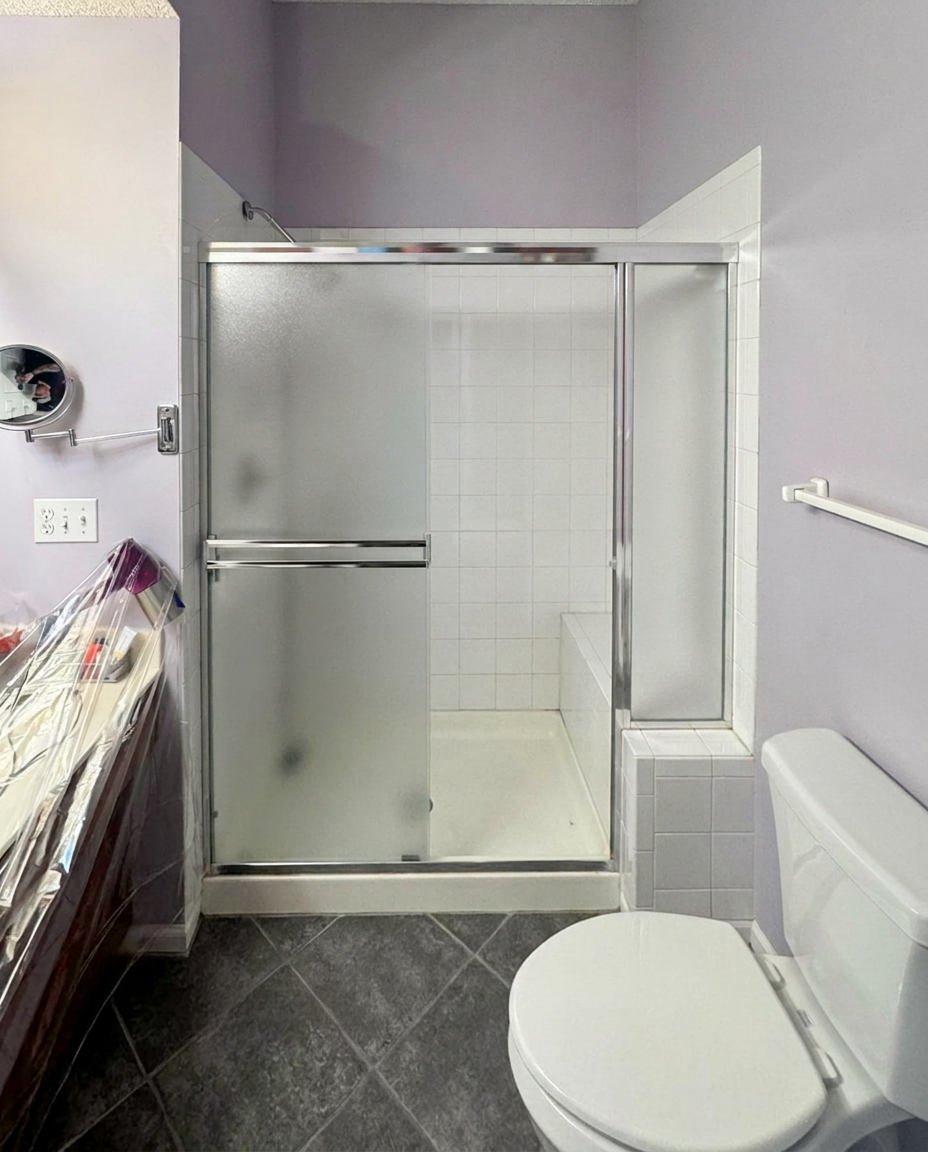 Before — Frameless glass · marble panels